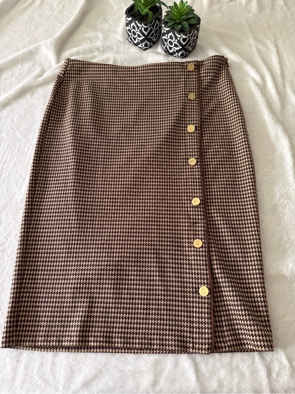 Lauren By Ralph Lauren Black Label Brown Houndstooth Skirt L Large - Picture 2 of 9